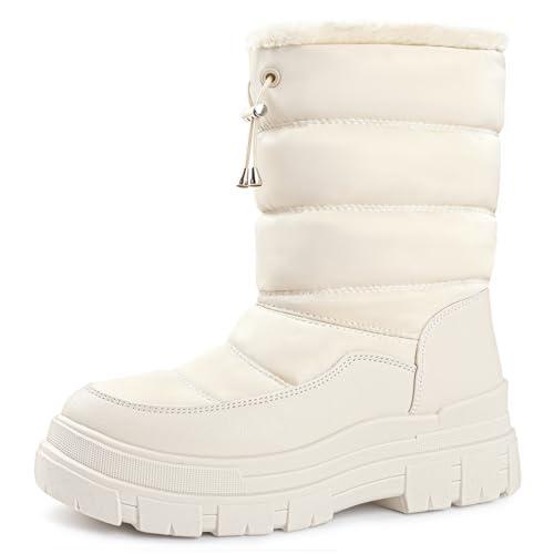 Viapipa White Snow Boots for Women Waterproof Platform Winter Boots with Side Zipper & Adjustment Buckle Design, Anti-Slip Warm, Comfortable Outdoor Booties, White,Size 8