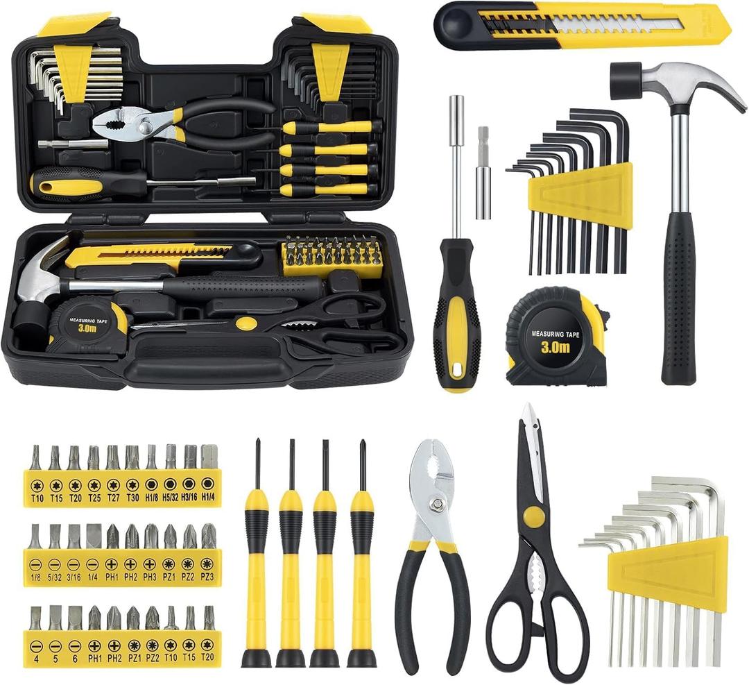 MARTCOLOR 58 Piece Household Tool Set, General Household Hand Tool Kit with Plastic Toolbox Storage Case, All Purpose Household Tool Kit for Home, Garage, Office and College Dormitory Use, Yellow