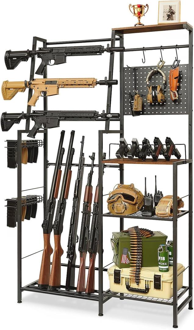 DGWJSU Rack, 8 Rifle Rack Stand with Pistol Shelves, Indoor Rack for Wall Mount, Floor Stand with 2 Bottom Storage Shelves, Folding Rack Stand for Hunting Rifle Airsoft Holder