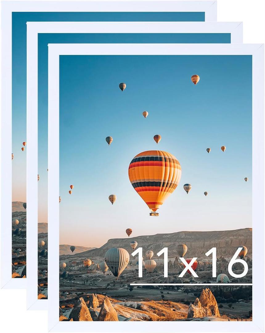 JCJMY 11x16 White Picture Frame Set of 3, Horizontal and Vertical Formats for Wall Hanging, 11 x 16 Wall Gallery Poster Photo Frames with Durable Shatter Resistant Plexiglass, 3 Pack, White