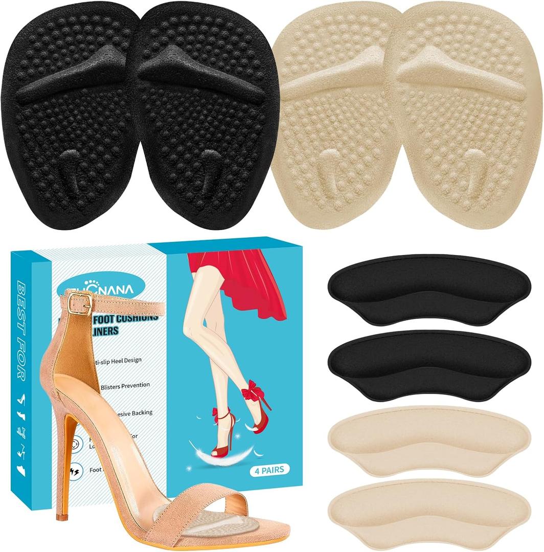 ZUCNANA Ball of Foot Cushions, Metatarsal Pads Women, Non Slip Heel Pads for Women Shoes Too Big (4 Pairs), Shoe Cushions Heel Grips Liner Prevent Blisters & Slipping (Beige+Black)