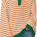 ZESICA Sweatshirts for Women's Long Sleeve Lapel V Neck Striped Oversized Tops (Medium, Orange)