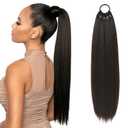 Flufymooz 28 Inch Ponytail Extension, Versatile Elastic Band Ponytail Extension for Women, Long Straight Synthetic Ponytail Daily Hair Black Brown