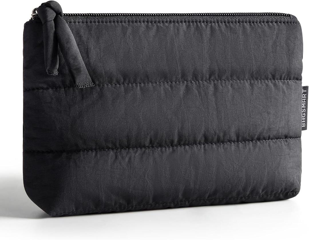 BAGSMART Small Makeup Bag, Puffy Portable Cosmetic Pouch with Charm Zipper, Water-Resistant Travel Organizer for Women (Black, Small)