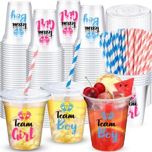 50 Pack Gender Reveal Party Plastic Cups with Lids and Paper Straws, 12 oz Disposable Team Boy Team Girl Gender Reveal Clear Plastic Cup for Blue Pink Baby Shower Party Favor Supplies