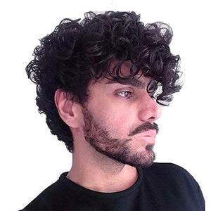 Baruisi Short Curly Mens Black Wig Fluffy Synthetic Cosplay Halloween Hair Wig for Men