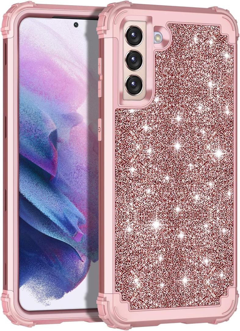 LONTECT for Galaxy S21 Plus Case Shockproof Three-Layer Heavy Duty Hybrid Sturdy High Impact Protective Cover Girls Women Glitter Case for Samsung Galaxy S21 Plus, Shiny Rose Gold