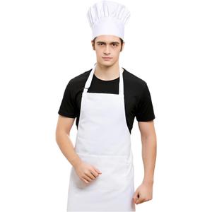 White Chef Hat And Apron For Men Women Adults Set, Chef Costume ,White Apron With Pockets For Cooking, Chef Outfit