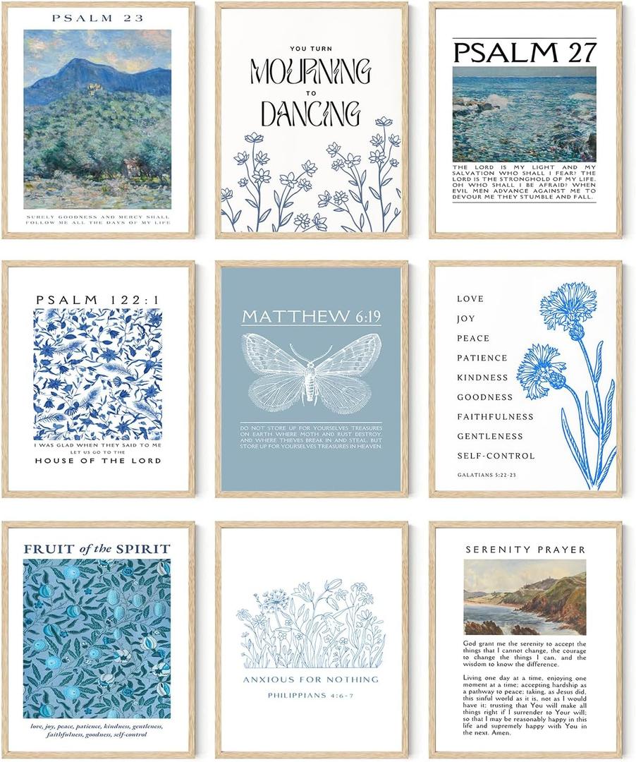 FYARTKJ 9Pcs Bible Verse Wall Art Prints Christian Blue Scripture Quotes Posters Vintage Religious Gallery Wall Decor Pictures for Living Room Bedroom Decoration, 8x10in Unframed