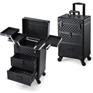 Stagiant Rolling Makeup Case with Drawers Cosmetology Case on Wheels 3 IN 1 Makeup Case 2 Drawers with Foot Stand Spring-release Mechanism Rolling Make Up Organizer for Artist Salon Nail Teach Trunk