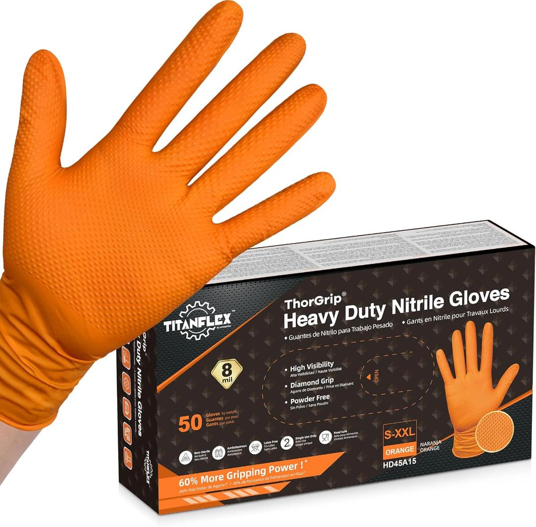 TitanFlex Thor Grip Heavy Duty Industrial Orange Nitrile Gloves with Raised Diamond Texture, 8-mil, Latex Free, Powder Free (Small (Pack of 50))