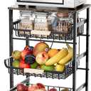 JAQ Fruit Vegetables Carts, 4Tier Slide Out Metal Storage Baskets Stand Organizers with Wood Top and Handle on Rolling Wheels for Onions in Kitchen Pantry Fruteros para Cocina (Black, 4 Layer)