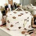 Beige MakeUp Bag Set 3PCS Quilted Make Up Pouch Cute Cotton Cosmetic Bag for Travel Striped Bear Large Toiletry Bag For Women(C)