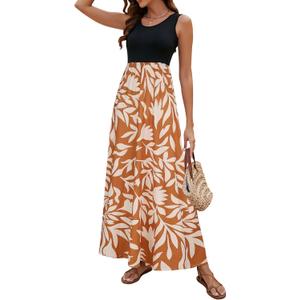 Sherosa Women Boho Chevron Striped Floral Printed Summer Sleeveless Tank Long Maxi Party Dress (Small)