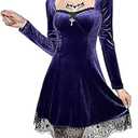 TSMNZMU Gothic Lolita Dress Velvet Long Sleeve Vintage Vampire Dresses Punk Grunge Witchy Dress Emo Alt Fairy Dress (Small, Purple)