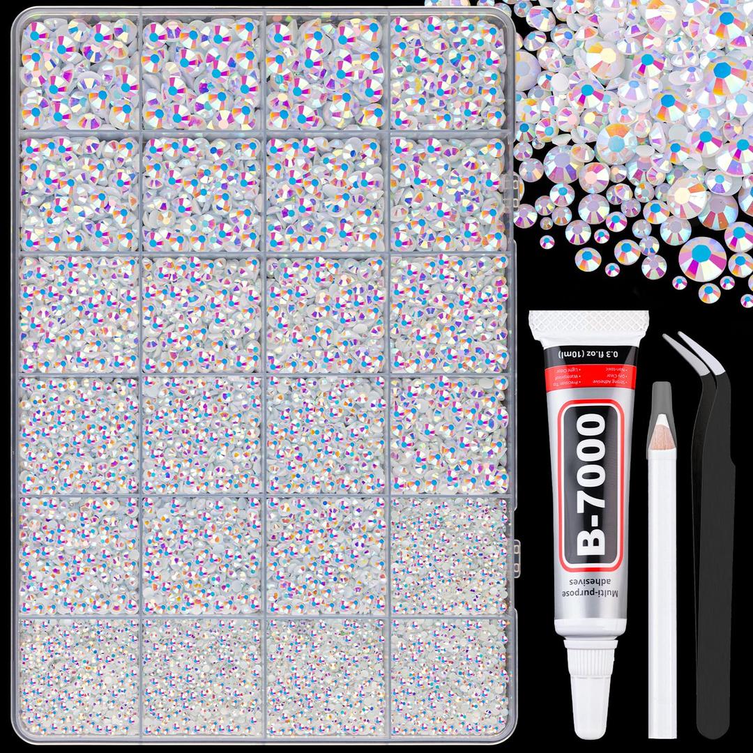 25000Pcs Resin Rhinestones for Crafting, White AB 2-6mm Mixed Sizes Non Hotfix Flatback Gems with 1Pcs Glue, Bedazzling Crystal for DIY Craft Clothing Mugs Tumblers Shoes Fabric Decor Nail Art