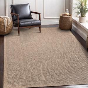 CAMILSON Easy Jute Rug 8x10, Indoor Outdoor Natural Color Fiber Area Rugs for Living Room and Patio Rug Herringbone Seagrass Boho Woven Design Easy-Cleaning Washable Outside Carpet Alfombras 8 x 10,  Herringbone/Natural