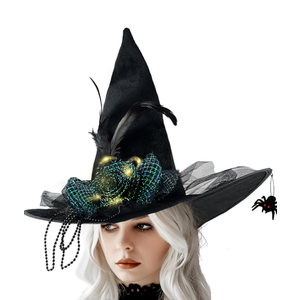 Halloween Black Witch Hat with Spider, Velvet Witch Hat Light up Witch Hat Cosplay Costume Accessories for Women Halloween Party Christmas Role Play Birthday Party