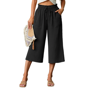 Lepunuo Women's Wide Leg Capri Pants High Waisted Palazzo Pants Adjustable Casual Tie Knot Pants with Pockets, L