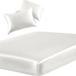 SiinvdaBZX 3-Piece Set Satin Full Fitted Sheet & 2 Pillowcase, Ivory White Silky Soft Fitted Bottom Sheet, Wrinkle Free, Fade Resistant, Deep Pocket Bed Sheet (Deep Up to 15")