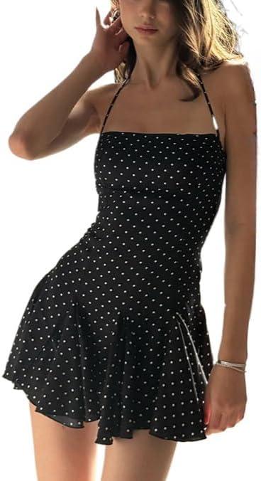 Polka Dot Halter Mini Dress for Women Y2k Sleeveless Ruffle Hem Backless Mini Dress Vintage Streetwear Summer (Small, Black)