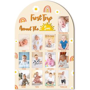 R HORSE My First Year Photo Frame Board, 3D Boho Sun Rainbow Display Wood Board, Babys 1st Year Picture Frame, 12 Months Milestone One Year Old Birthday Decoration, Baby Keepsake Gift for Boy Girl