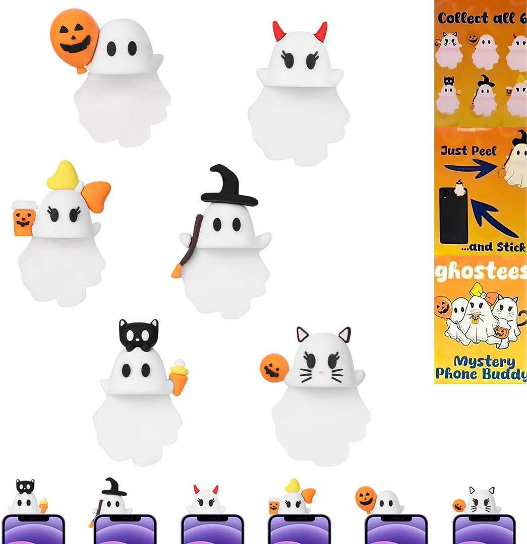 Ghostees Mystery Phone Buddy, Mini Surprise Toy, Stick-On Halloween Ghost & Pumpkin Phone Topper, Peel-and-Stick Design Figurine, Fun Desk Accessory (6PCS)