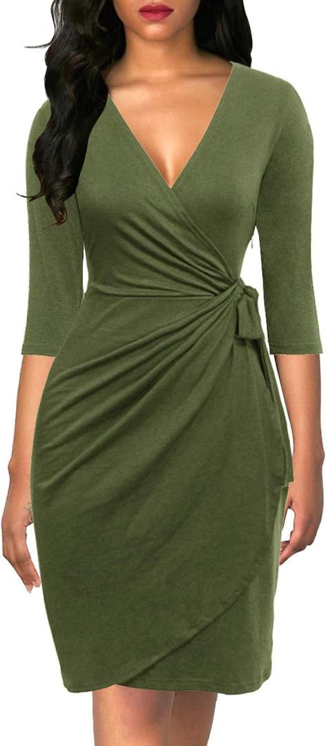 Berydress Women's Classic 3/4 Sleeve V Neck Sheath Casual Party Work Faux Black Wrap Dress (Large, Army Green)