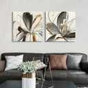 7CANVAS Grey and White Flowers Canvas Wall Art Watercolor Floral with Gold Print Picture Modern Abstract Flower Painting for Living Room Bedroom Ready to Hang 24x24Inchx2pcs