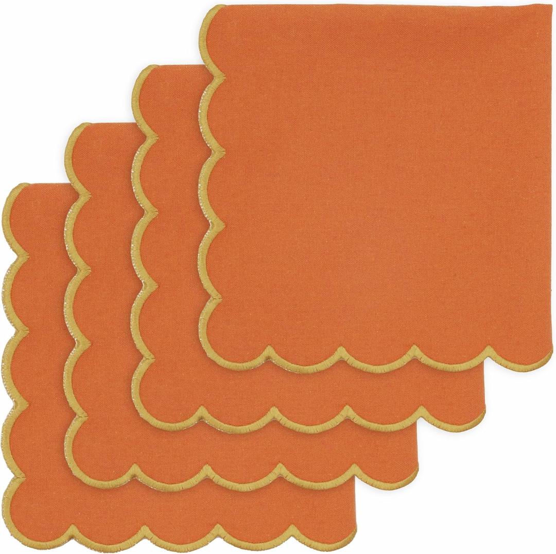 PurpleEssences Scalloped Embroidery Cloth Napkins Christmas Holiday Winter Table Decor 100% Cotton Set of 4-18 x 18 Inch - Orange - Edges - Golden Yellow