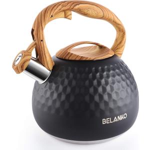 BELANKO 2.7 Quart Tea Kettle for Stovetop - Food Grade Stainless Steel with Diamond Texture, Designer Teapot Look, Cool-Touch Wood Pattern Handle, Whistling Spout - Matte Black