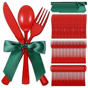 Minatee 25 Sets Red and Green Plastic Cutlery Set with Twist Tie Bows, Heavy Duty Tableware Disposable Forks Knives Spoons Silverware Utensils Set for Coquette Birthday Bow Party Table Setting Picnics