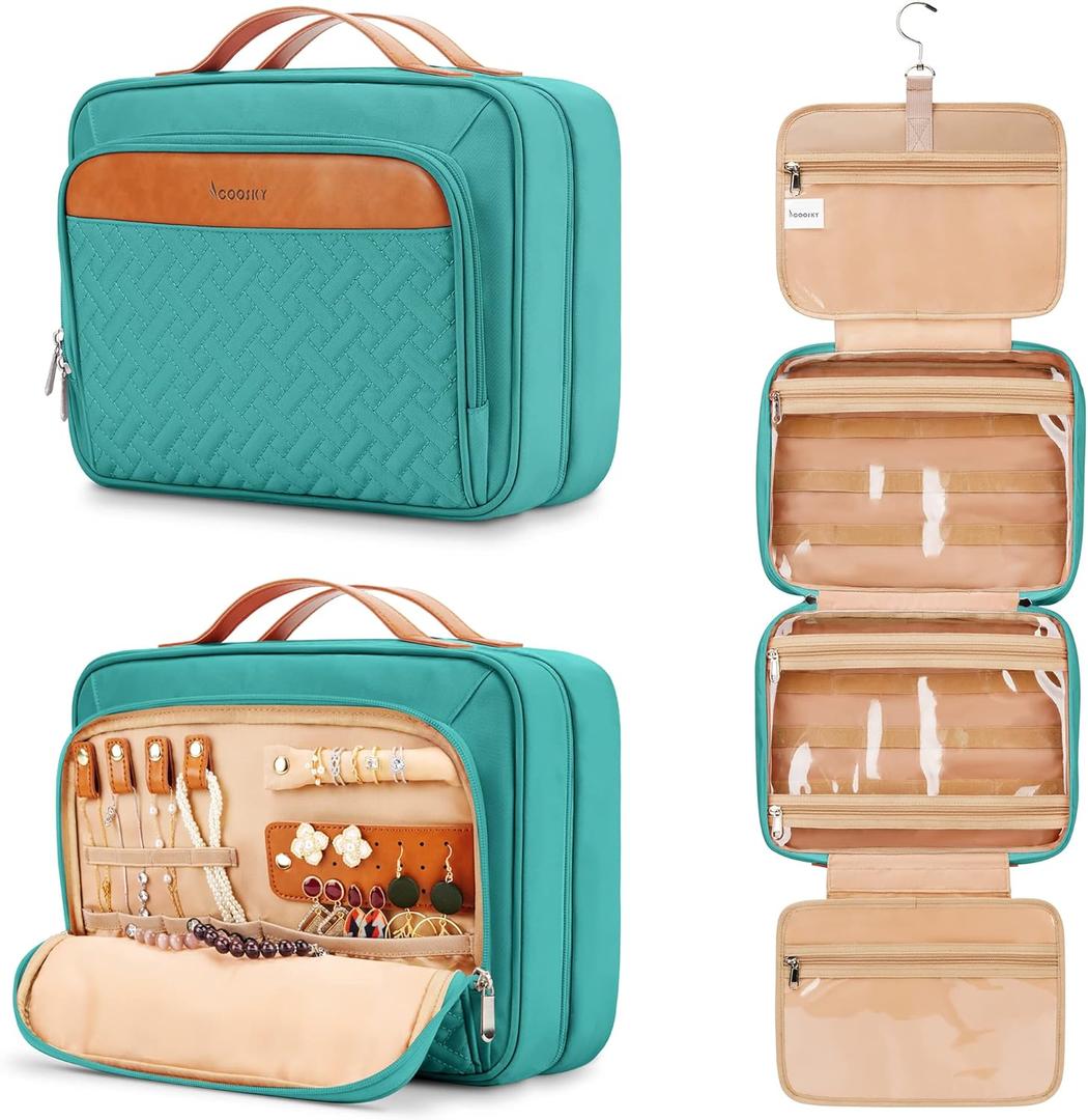 COOSKY Travel Hanging Toiletry Bag for Women, Cruise Ship Essentials, with Jewelry Organizer, Extra Large Makeup Dopp Kit, Waterproof Cosmetic Bags, Toiletries Kit Set with Trolley Belt, Blue