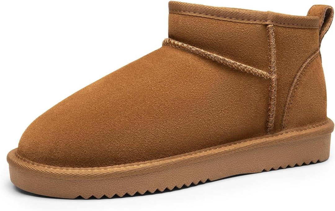 DREAM PAIRS Ankle Winter Mini Boots for Women Genuine Suede Faux Fur Lining Water Resistant Warm Snow Boots Slip On Memory Foam Comfort Booties Fuzzy Classic (7.5, Chestnut)