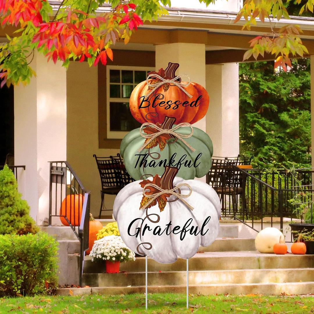 Geetery 3 Pcs Thanksgiving Pumpkin Outdoor Decorations Thanksgiving Yard Stakes 31 Inch Plastic PP Stackable Blessed Thankful Grateful Yard Sign Rustic Autumn Harvest Sign for Garden(Vintage Color)