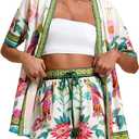 MakeMeChic Women's Two Piece Sets Summer Tropical Vacation Outfits Boho Floral Kimono Tops Shorts Set (Multicolor) XS