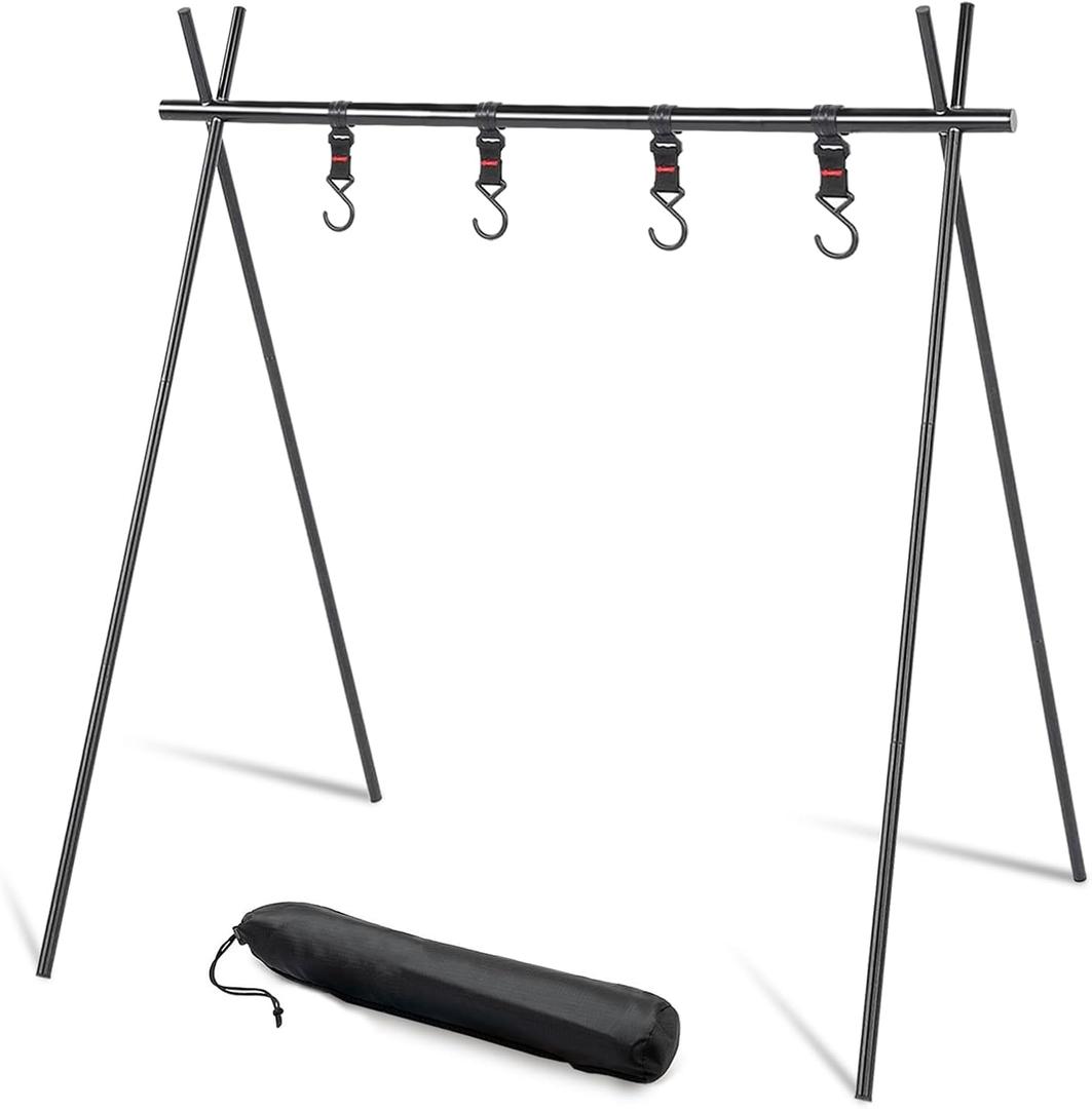 Foldable Tripod Camping Hanging Rack - 4 Hooks Outdoor Cookware Storage Portable, Outdoor Camping Folding Rack (Large)
