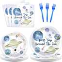 96 PCS First Trip Around The Sun Birthday Party Decorations Outer Space Themed Decorations 1st Space Birthday Dinner Paper Plates Boho Solar System Napkins Forks Sun Theme Party Favors Supplies