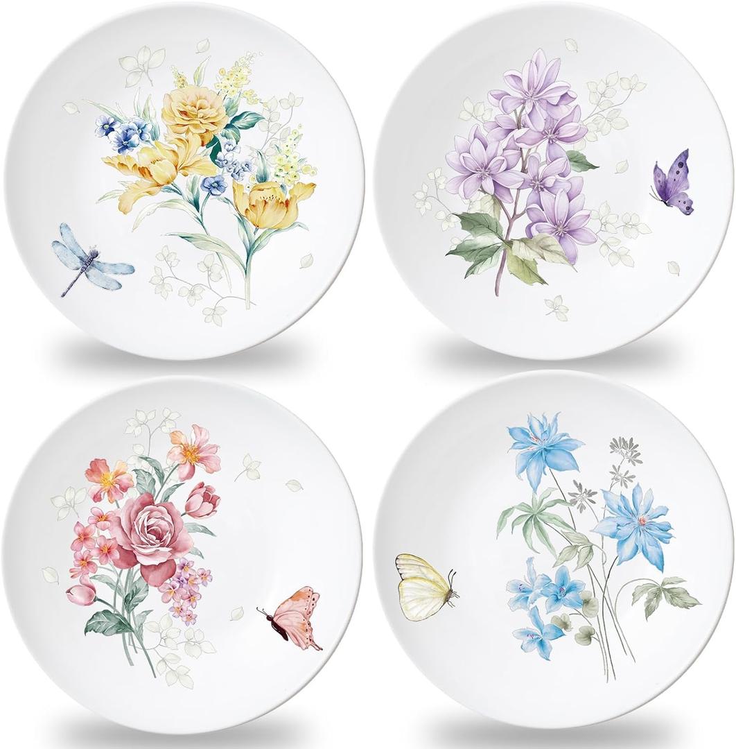 Naozinebi 4 Pcs 10 Inch Spring Theme Flower Plates Melamine Floral Dinnerware Set Reusable Melamine Spring Floral Baby Shower Plate Dishwasher Creatively Drop Resistant Cute Plastic Dish