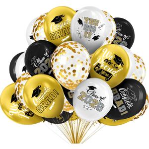 2026 Black & Gold Graduation Decorations Set - 63Pcs Graduation Grad Latex Balloons with Ribbons, Congrats Grad Caps for College & High School Party Supplies