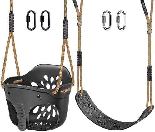 SELEWARE Toddler Swing Set Accessories High Back Full Bucket Swing Seats w/Adjustable Rope and 4 Locking Carabiners, Cute Elephant Shape Design 600LB Capacity (2 Pack)