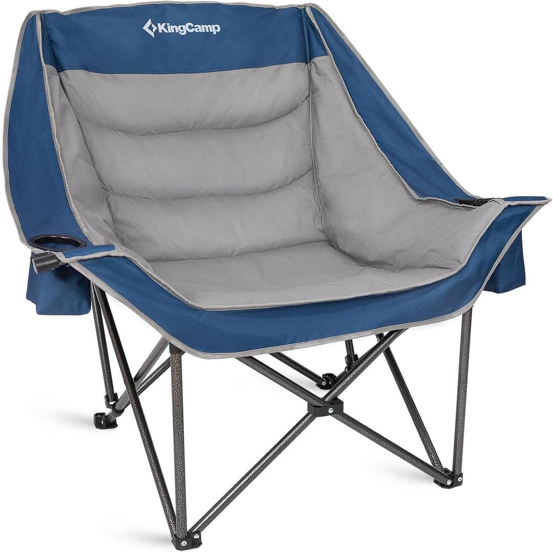 KingCamp Oversized XL Camping Chair, Heavy Duty 500lbs Folding Couch | Padded Large Comfortable Sofa Seat with Cooler Bag Cup Holder for Adults Outdoor Sports Fishing Patio Lawn, Blue/Grey