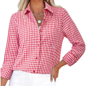 siliteelon Button Down Shirts for Women Gingham Top Plaid Long Sleeve Dress Shirts Cotton Fitted Casual Work Collared Blouse, 4XL