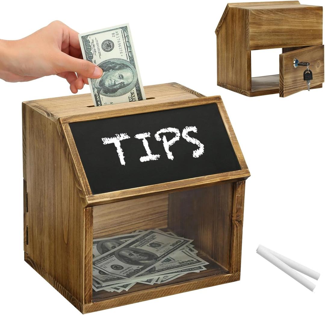 MyGift Tip Jar,Donation Box for Fundraising with Chalkboard Label and Keys, Wooden Suggestion Prayer Box with Slot and Lock for Church,Wedding
