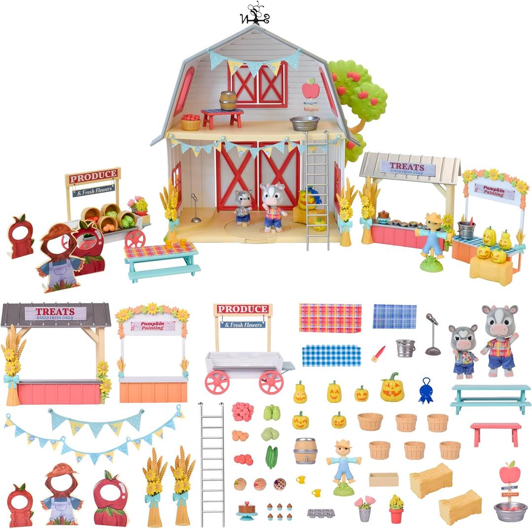 Honey Bee Acres Harvest Festival 62 Piece Miniature Dollhouse Playset with Flocked Animal Figures & Accessories, Imaginative Farm Play