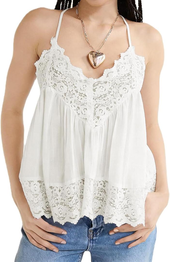 Women Sleeveless Tank Tops Lace Solid Color See Through Spaghetti Strap Cami Shirts V Neck Backless Smocked Tops (Medium, White)