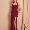 Women Bodycon Maxi Dress High Slit Halter Tie Ruched Long Formal Cocktail Wedding Guest Dresses (Red, M)