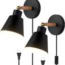 ClanKin Plug in Wall Sconces Lighting Set of 2, Black Wood Style Wall Sconce Reading Lamp, Adjustable Wall Light for Bedroom Hallway Living Room (2, Black Plug-in)