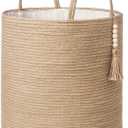 Mkono Tall Wicker Laundry Basket Woven Storage Basket Decorative Natural Rope Basket Wooden Bead Decoration for Blankets,Toys,Clothes,Shoes,Plant Organizer Bin with Handles Living Room 15"Wx17.7"L (Brown)