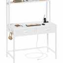 Small White Desk with Drawers, 31 Inch Home Office Computer Desk with Power Outlet and LED Light, Vanity Desk with Storage Shelves, Modern Work/Writing/Study Table for Bedroom, White, 80×48